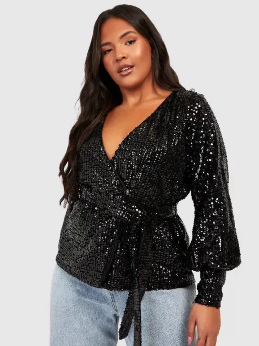 Boohoo black Sequin Wrap Blouse size 16